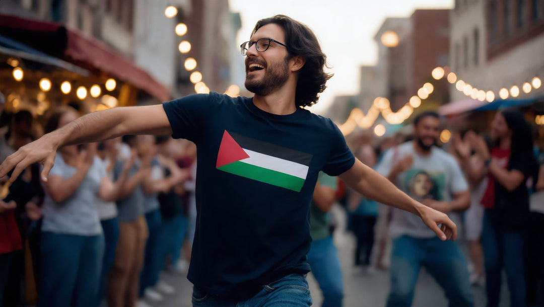 Man dancing dabke in a Palestine flag t-shirt at a street festival in Astoria, New York