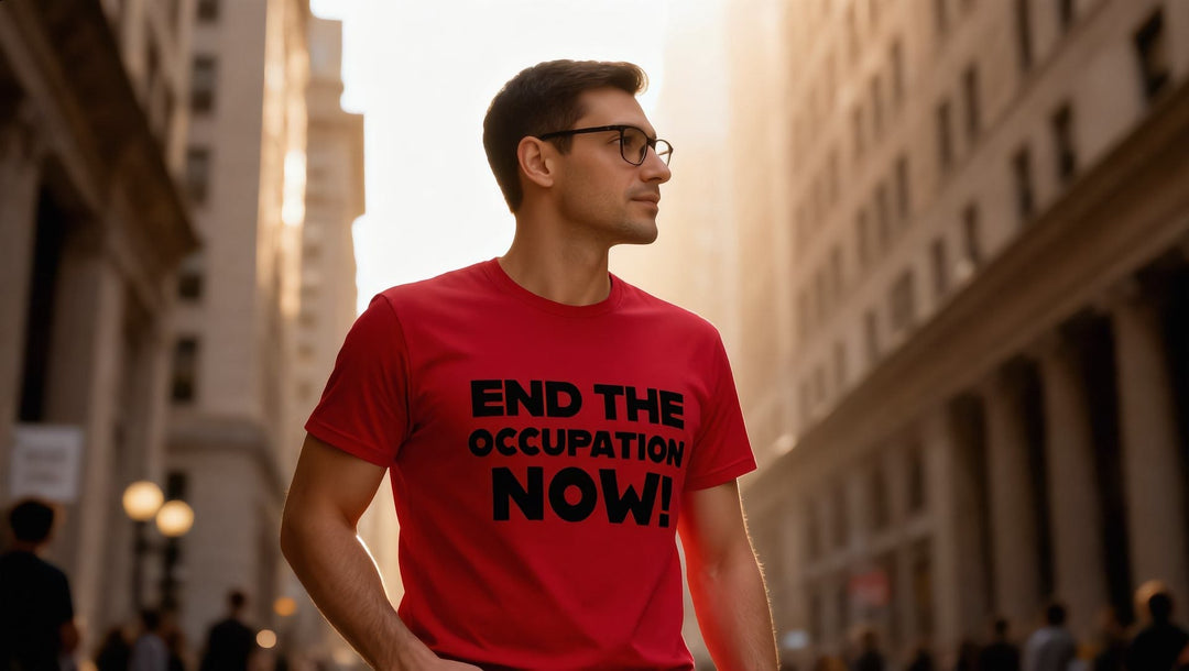 Man in an End the Occupation Now t-shirt on Broad Street in the Financial District, New York