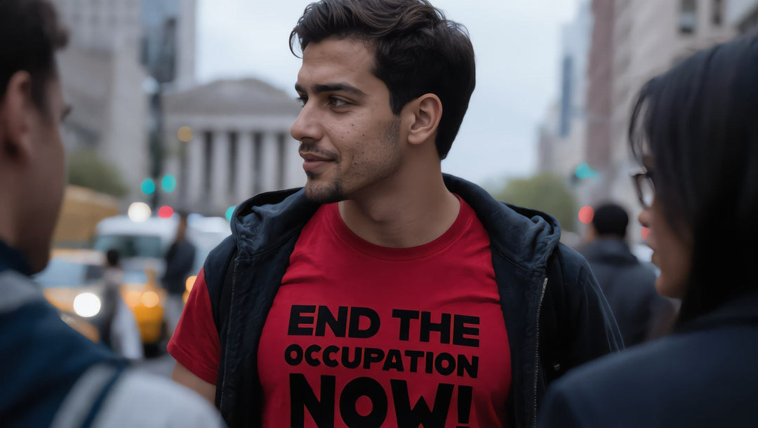 Man in an End the Occupation Now t-shirt near City Hall in Lower Manhattan, New York