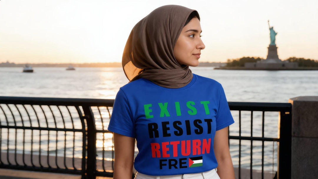 Woman in an Exist Resist Return t-shirt on the Hudson River esplanade, Battery Park City