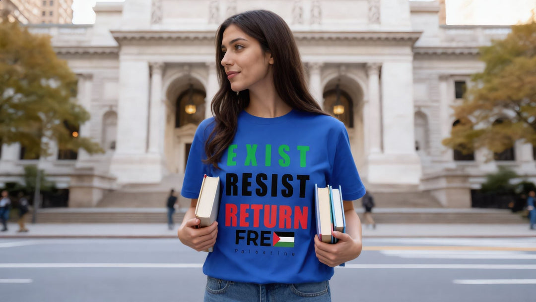 Woman in an Exist Resist Return t-shirt with books outside the New York Public Library