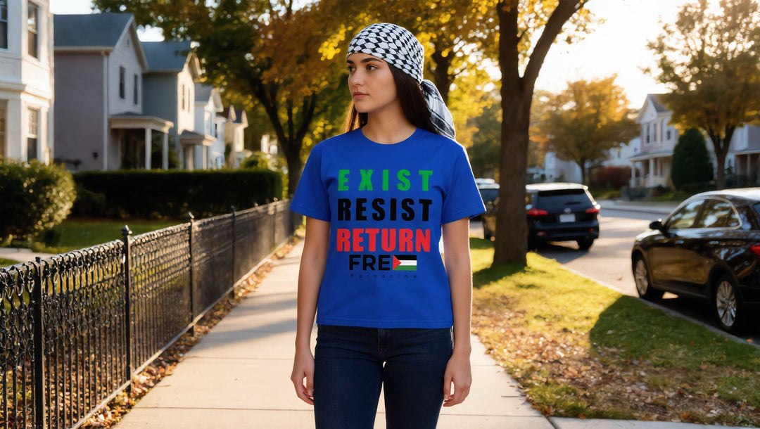 Woman in an Exist Resist Return t-shirt on a residential street in Queens