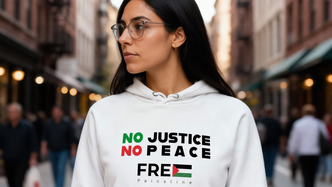 Woman wearing a white No Justice No Peace hoodie in the West Village, New York