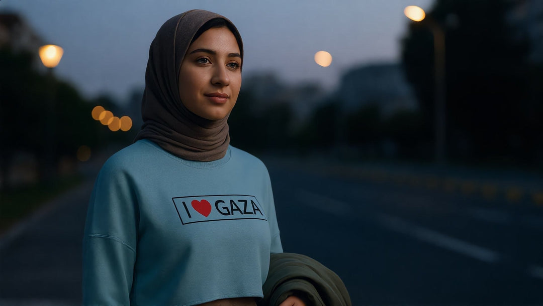 Model wearing the I Love Gaza Crop Sweatshirt on a city street
