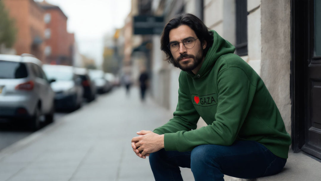 Model wearing the I Love Gaza Men’s Hoodie on a city street