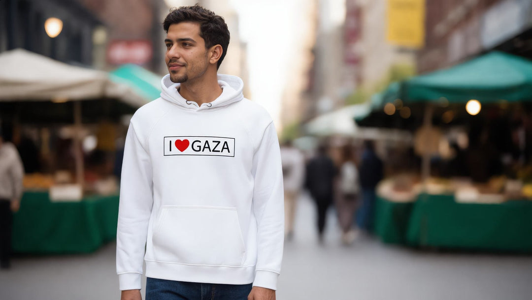 Man in an I Love Gaza hoodie at Union Square, New York