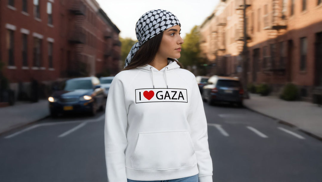 Woman in an I Love Gaza hoodie on a residential street in Greenpoint, Brooklyn