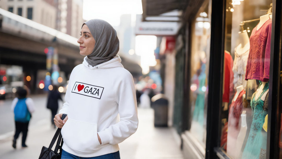 Woman in an I Love Gaza hoodie on 37th Avenue in Jackson Heights, Queens