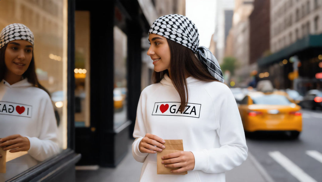 Woman in an I Love Gaza hoodie with a shopping bag in Midtown Manhattan