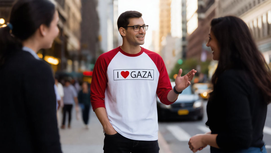 Model wearing the I Love Gaza Men’s ¾ Sleeve Raglan on a city street