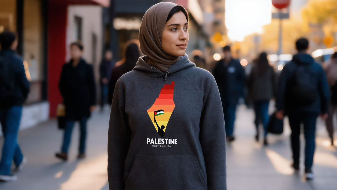 Woman in a charcoal Palestine Map hoodie on a street on the Lower East Side, New York