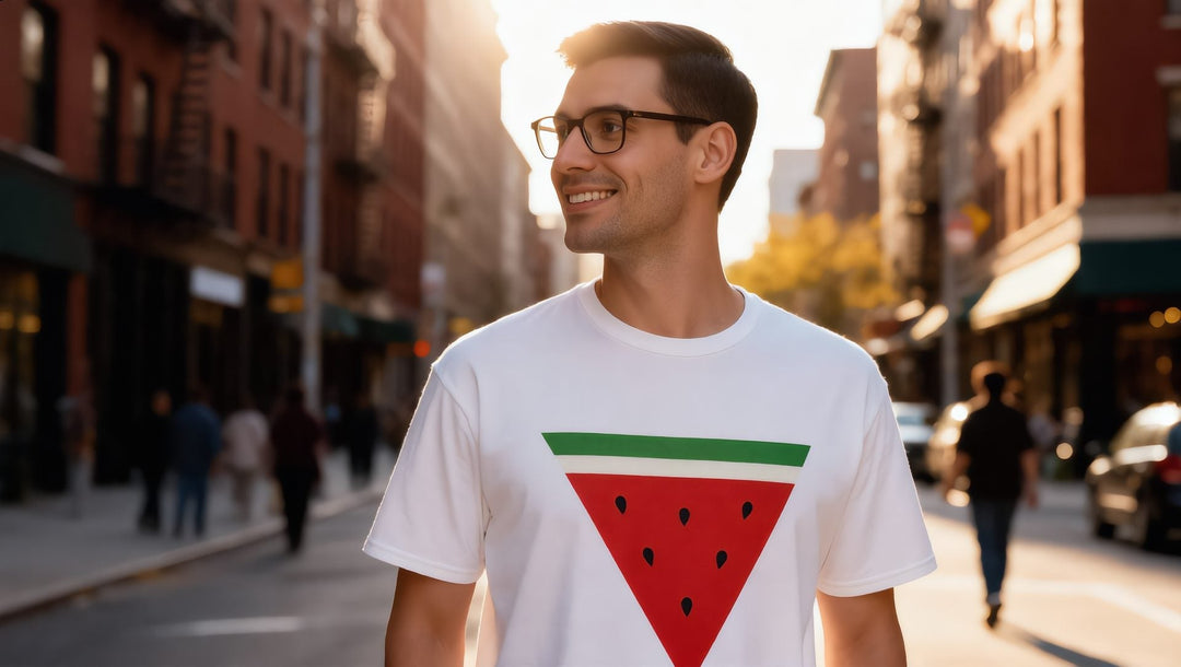 Man in a white watermelon triangle T-shirt on a sunny street in Williamsburg, Brooklyn