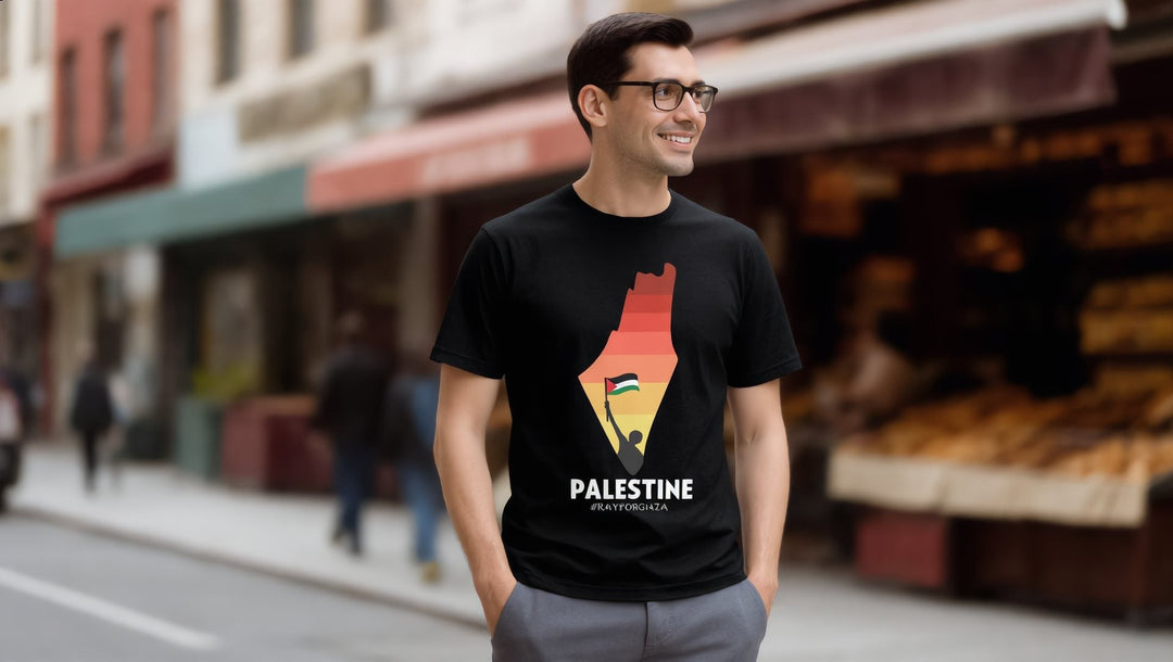 Man in a Palestine map t-shirt on Atlantic Avenue, Brooklyn