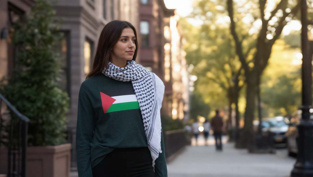 Woman with a keffiyeh over a green Palestine flag long sleeve tee on a tree-lined street in Astoria, Queens