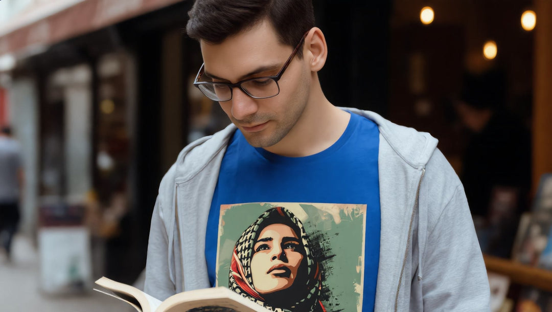 Man reading poetry outside a bookstore in Williamsburg, Brooklyn, in a Palestine Hope t-shirt