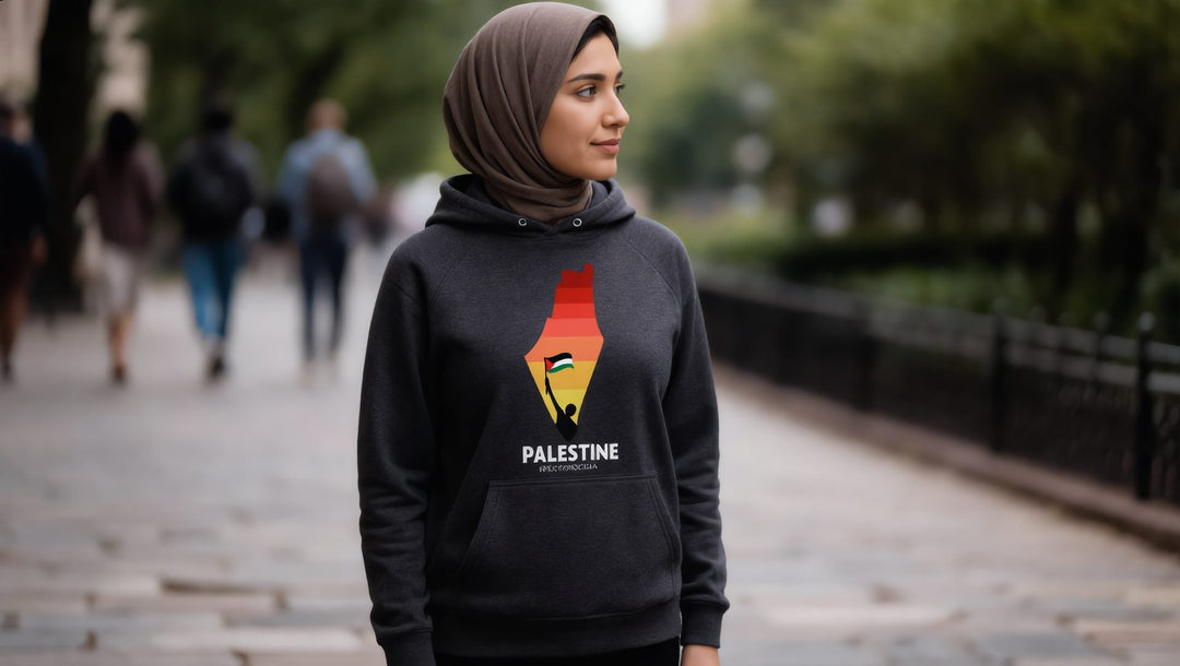 Woman in a charcoal Palestine map hoodie on a leafy sidewalk in Park Slope, Brooklyn