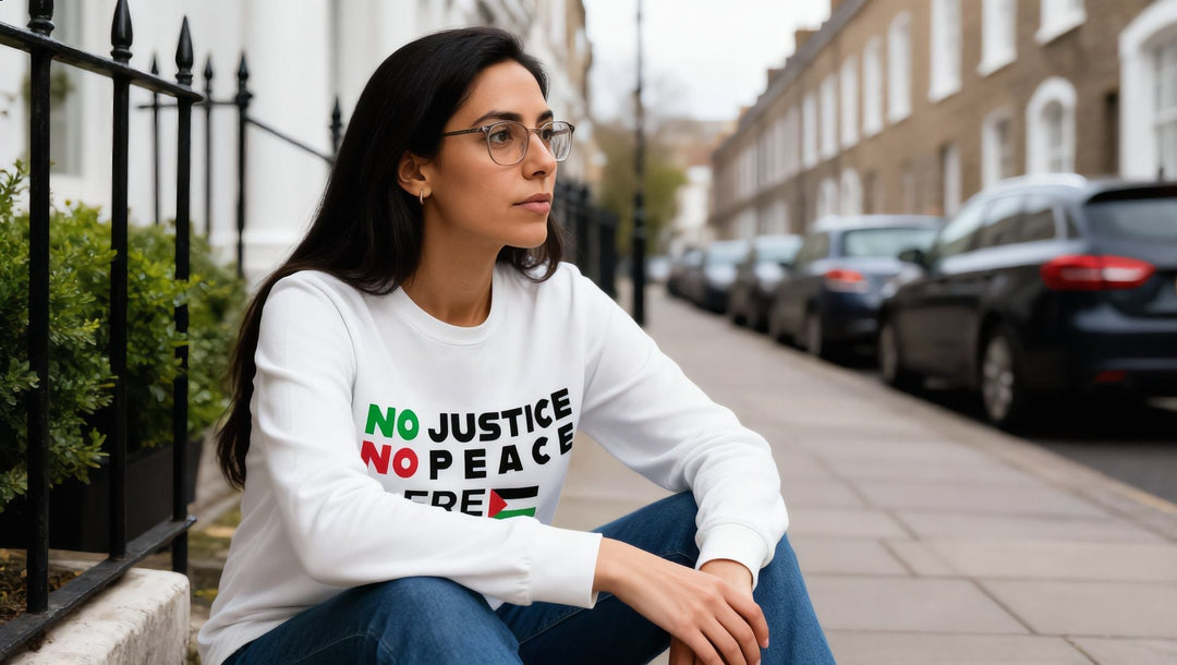 Model wearing the No Justice No Peace Women’s Long Sleeve Tee on a city street