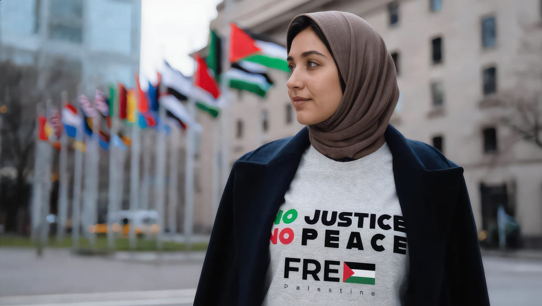 Woman in a No Justice No Peace t-shirt on First Avenue near the United Nations, New York