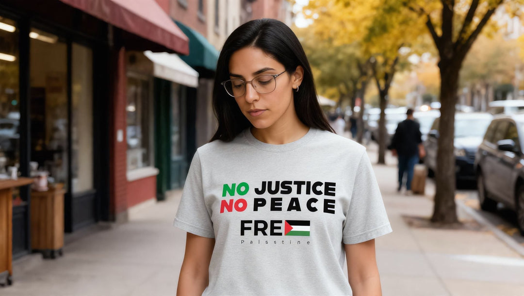 Woman in a No Justice No Peace t-shirt on a Lower East Side street
