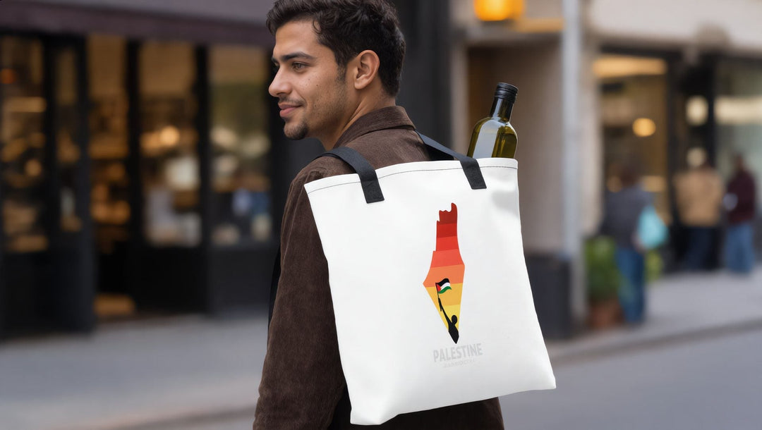 Man carrying a Palestine Map tote bag with olive oil on Atlantic Avenue, Brooklyn, New York
