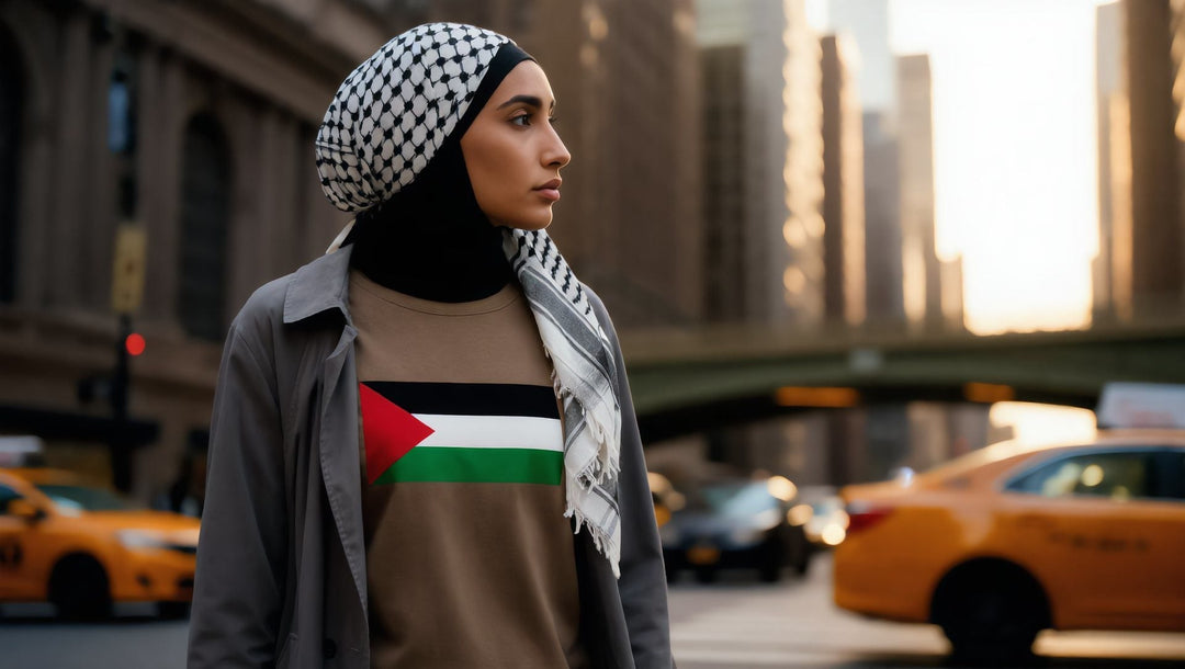 Woman in a Palestine Flag t-shirt on East 42nd Street near Grand Central, New York