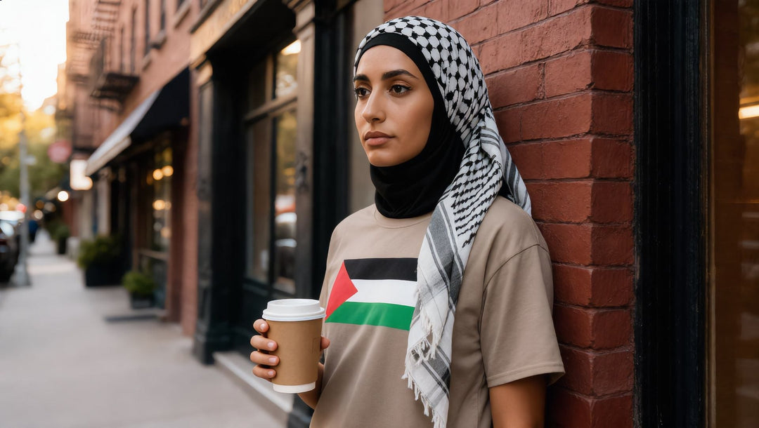 Woman in a Palestine Flag t-shirt with a coffee on an East Village street