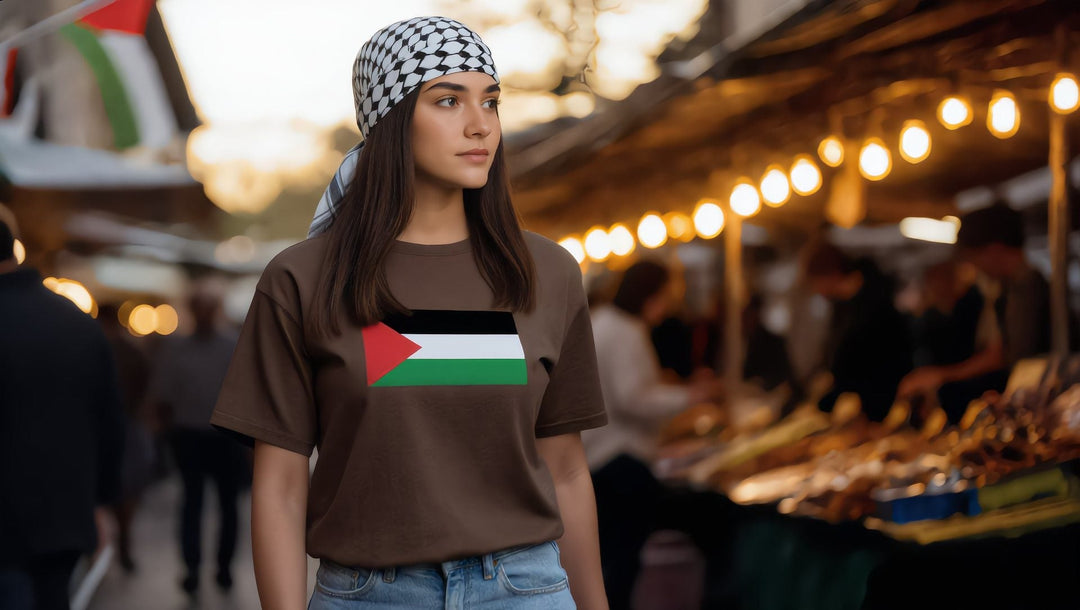 Woman in a Palestine Flag t-shirt at a street fair in Bay Ridge, Brooklyn