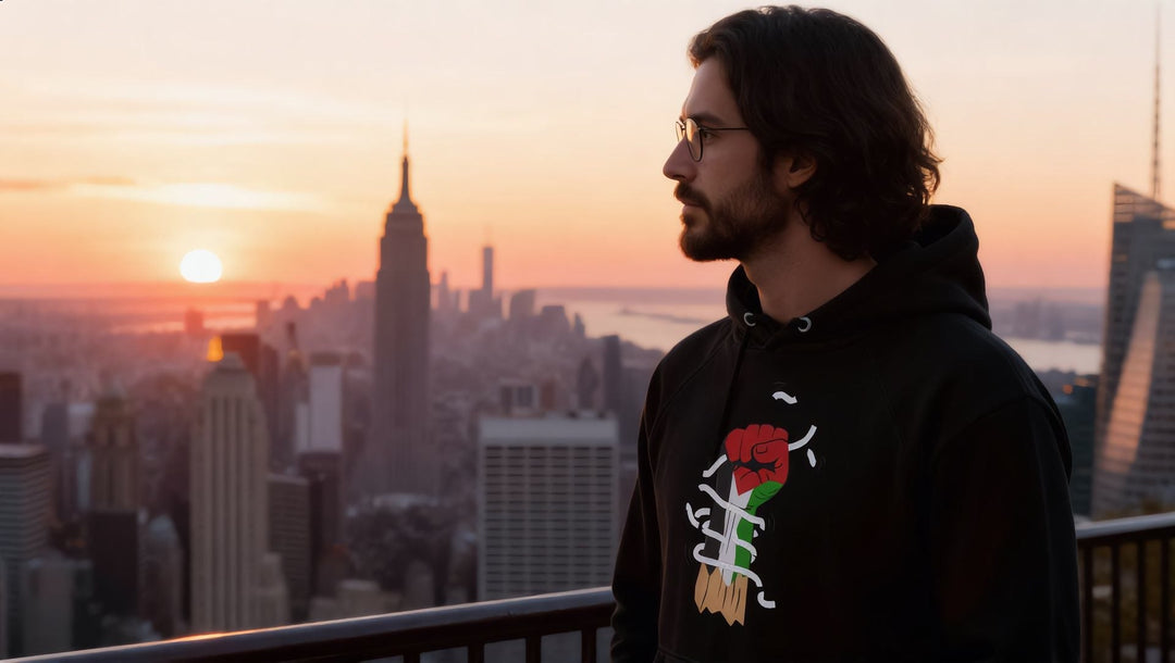 Man in a Palestine Hand hoodie watching the sunrise from the Brooklyn Heights Promenade