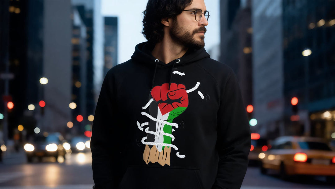 Man in a Palestine Hand hoodie on Madison Avenue at dusk, New York