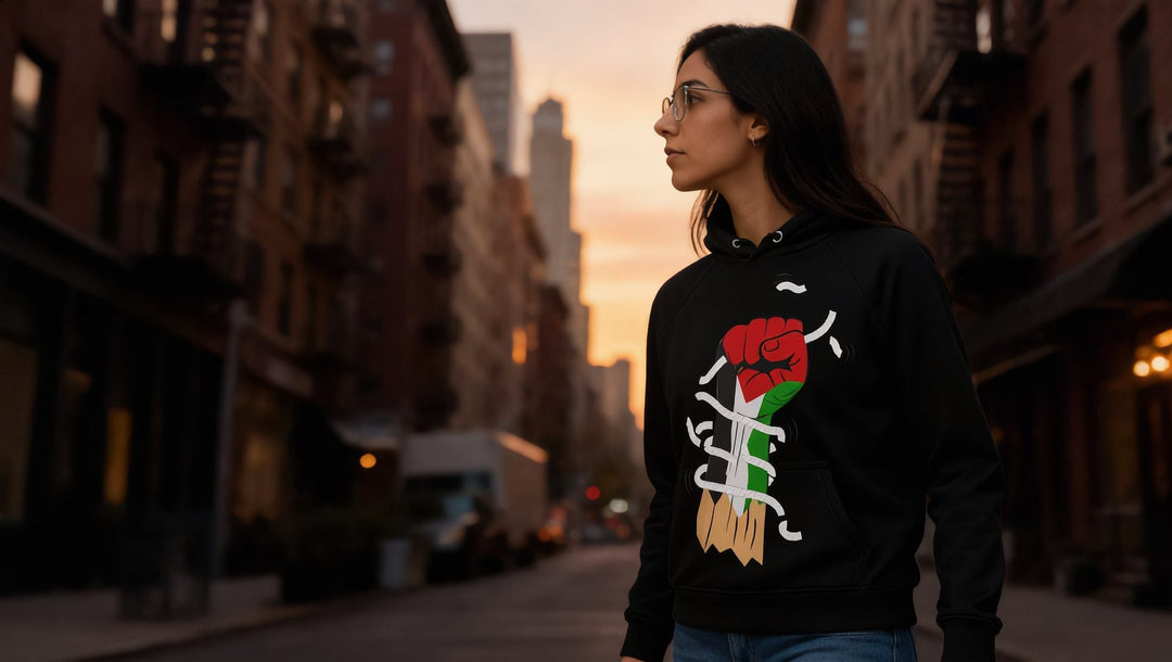 Woman in a Palestine Hand hoodie on Orchard Street, Lower East Side