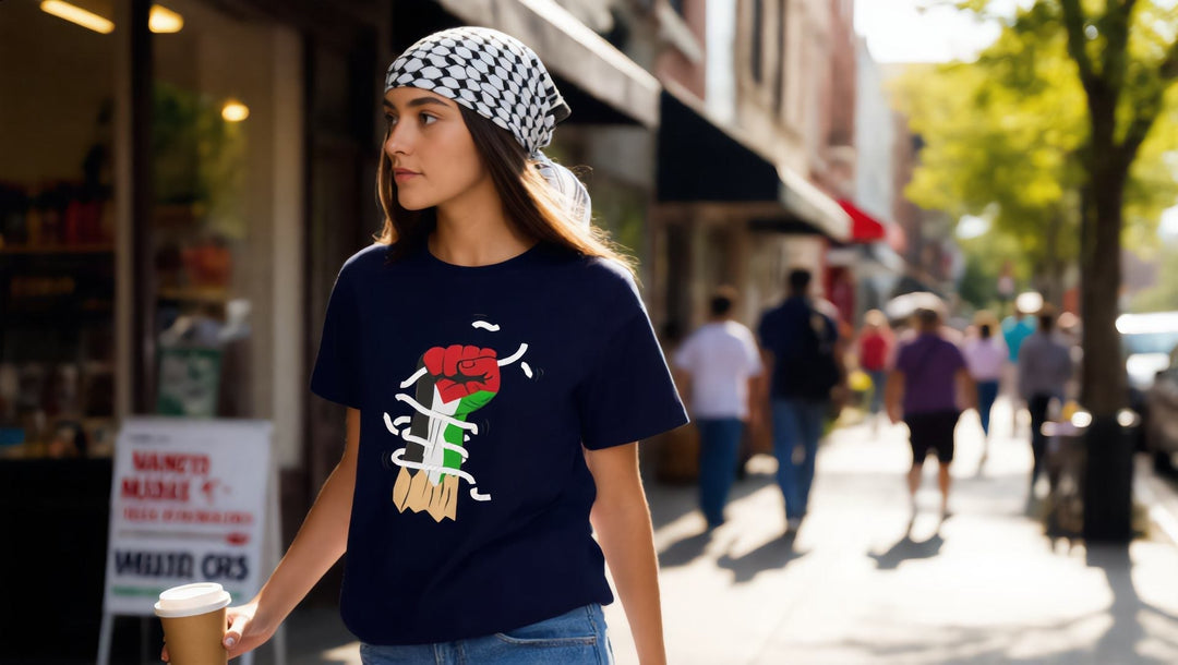 Model wearing the Palestine Hand Women’s Relaxed T-Shirt on a city street