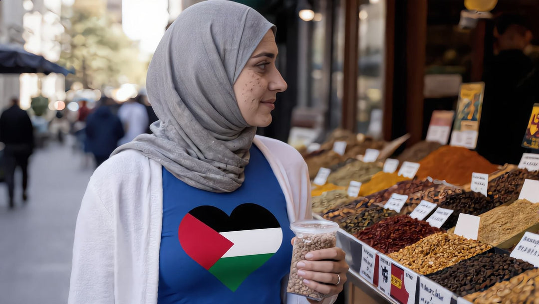 Woman in a Palestine Heart t-shirt on Atlantic Avenue, Brooklyn