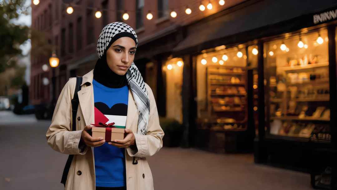 Woman in a Palestine Heart t-shirt holding a gift in the West Village