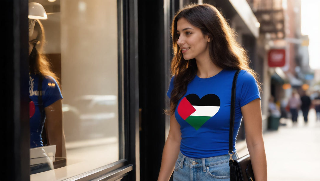 Woman in a Palestine Heart t-shirt on a Nolita street, New York