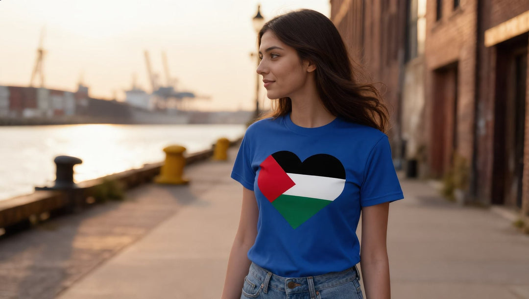 Woman in a Palestine Heart t-shirt near the Red Hook waterfront, Brooklyn