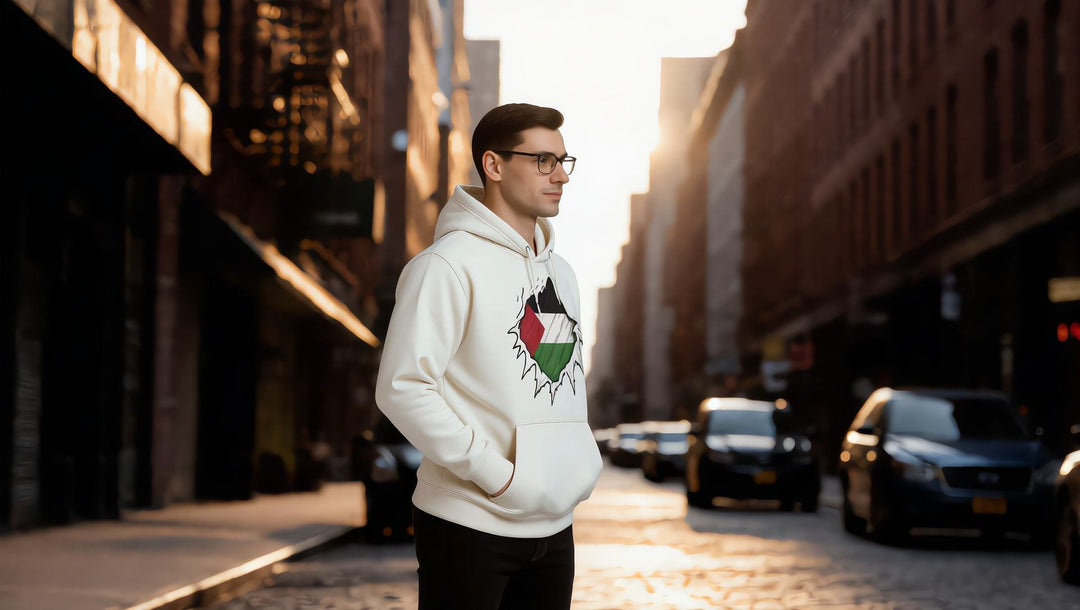 Man in a white Palestine Hero hoodie in the Meatpacking District, New York