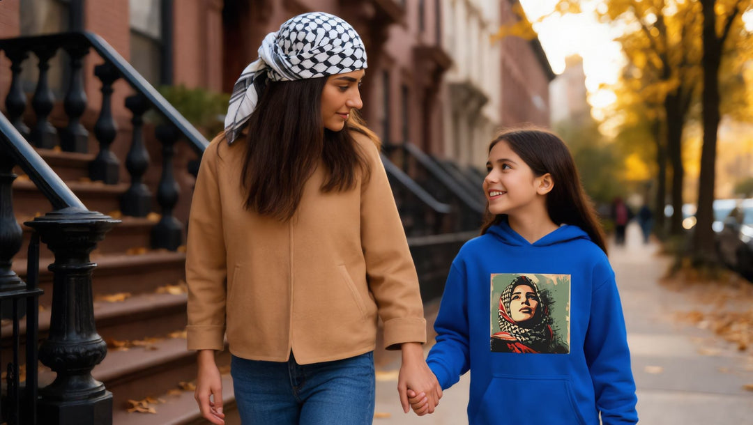 Girl in a Palestine Hope kids hoodie walking with her mother on a New York street