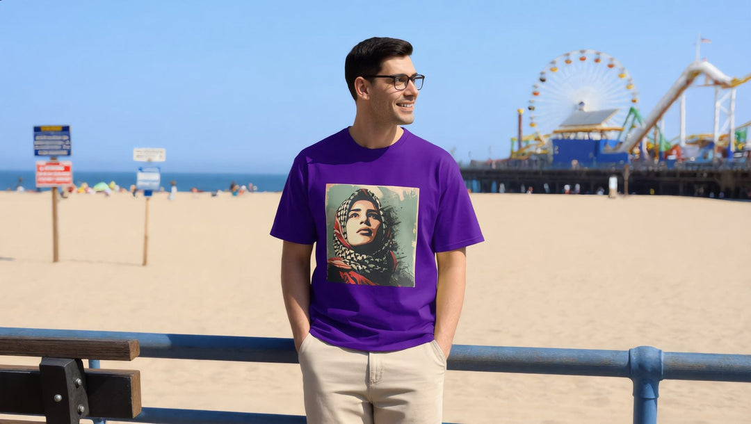 Man in a Palestine Hope t-shirt on the Coney Island boardwalk, Brooklyn