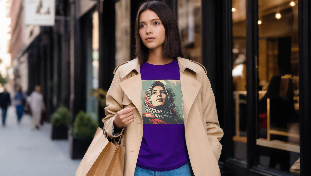 Woman in a Palestine Hope t-shirt with shopping bags on Fifth Avenue, New York