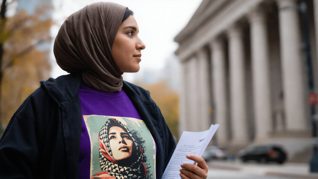 Woman in a Palestine Hope t-shirt outside a courthouse at Foley Square
