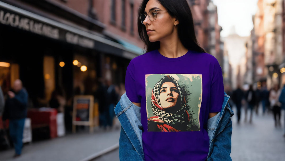 Woman in a Palestine Hope t-shirt on Prince Street, SoHo, New York