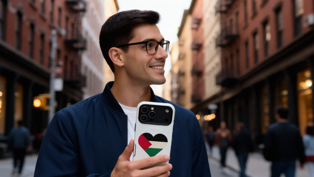 Man holding an iPhone 18 Pro Max in a Palestine heart MagSafe case in SoHo, New York