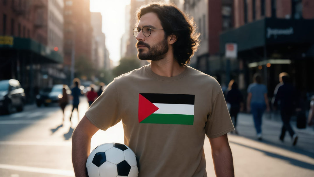 Man in a khaki Palestine flag t-shirt holding a soccer ball in Jackson Heights, Queens