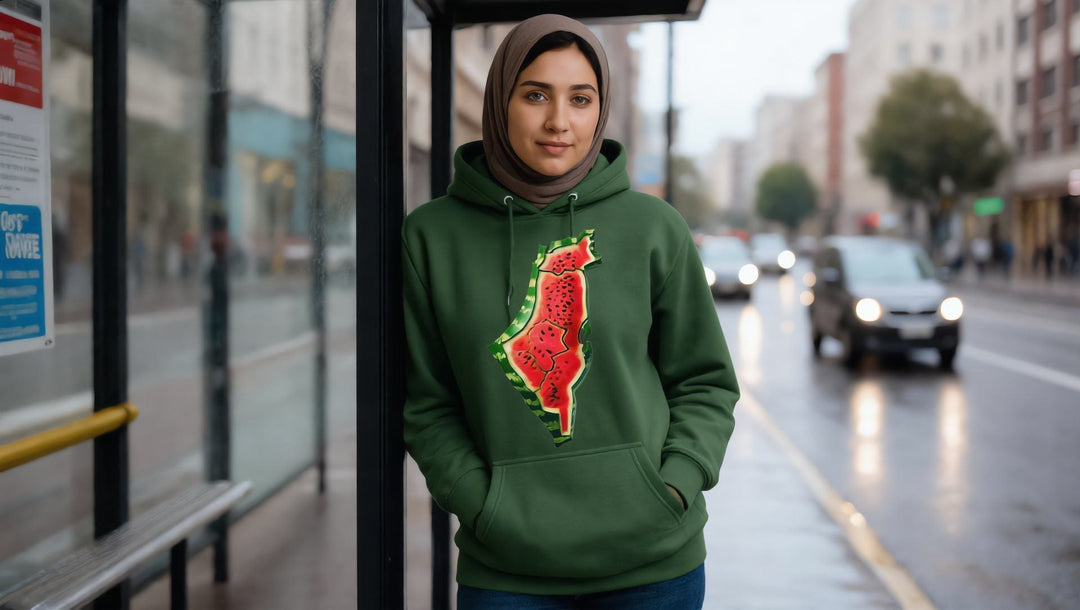 Model wearing the Palestine Watermelon Women’s Hoodie on a city street