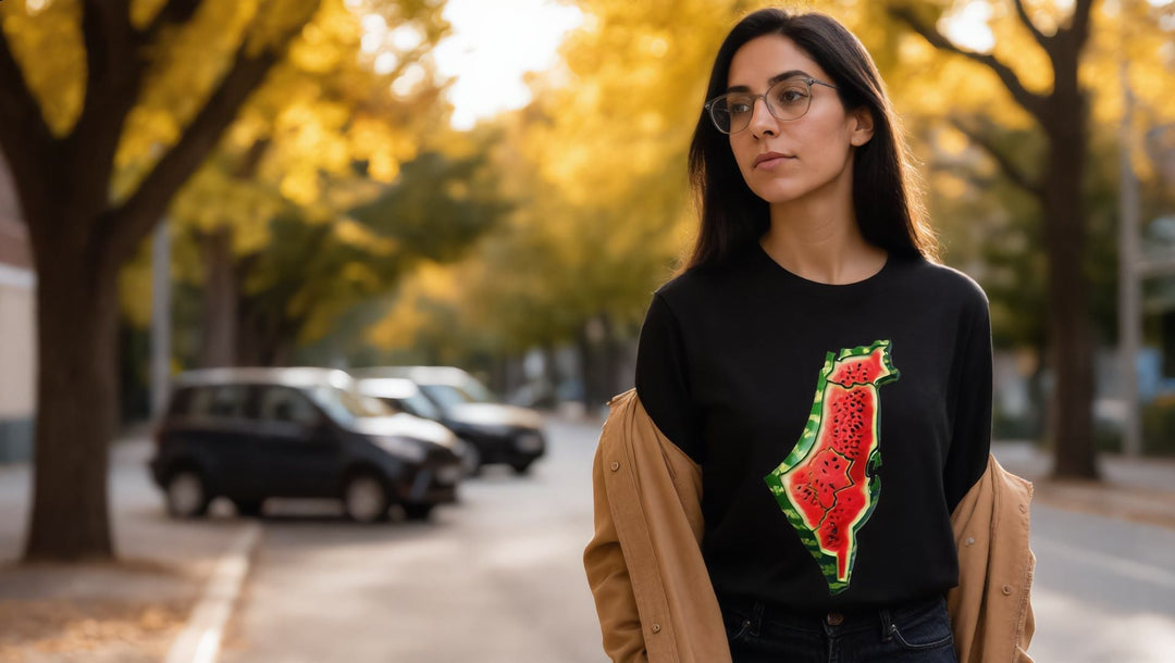 Woman wearing the Palestine Watermelon long sleeve tee on an autumn city street