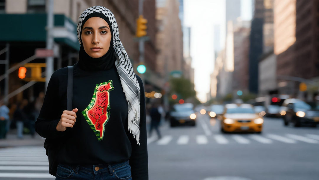 Model wearing the Palestine Watermelon Women’s Long Sleeve Tee on a city street