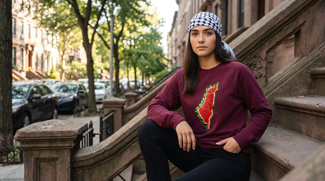 Model wearing the Palestine Watermelon Women’s Organic Raglan Sweatshirt on a city street