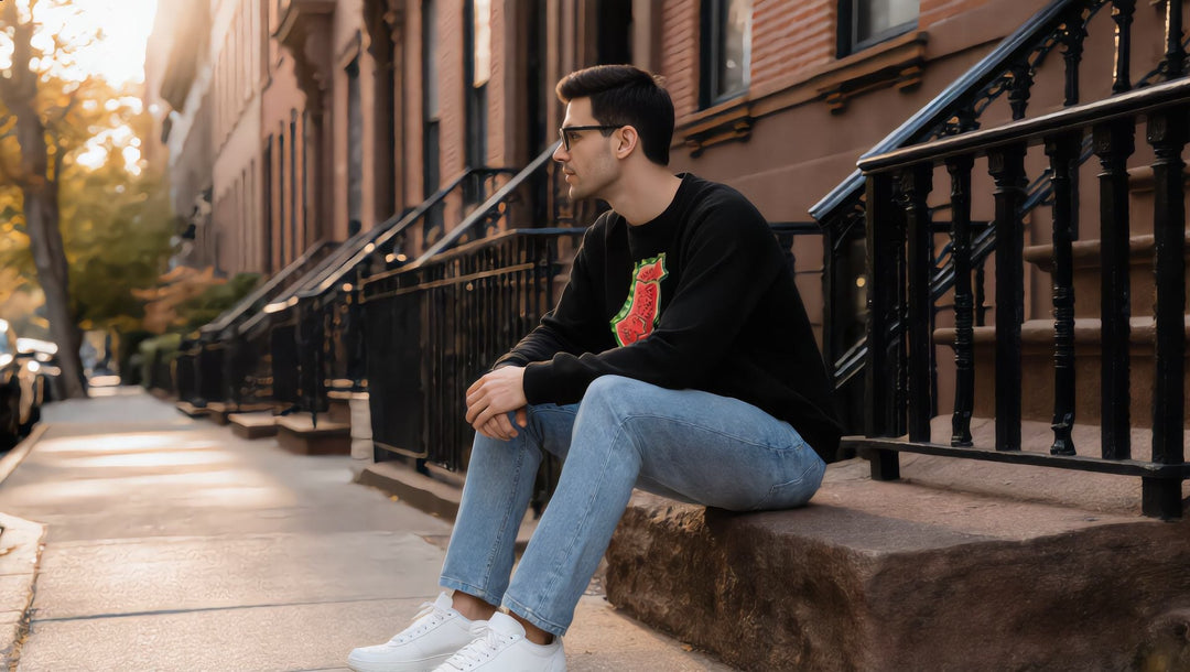 Man in a Palestine Watermelon sweatshirt sitting on a Harlem brownstone ledge