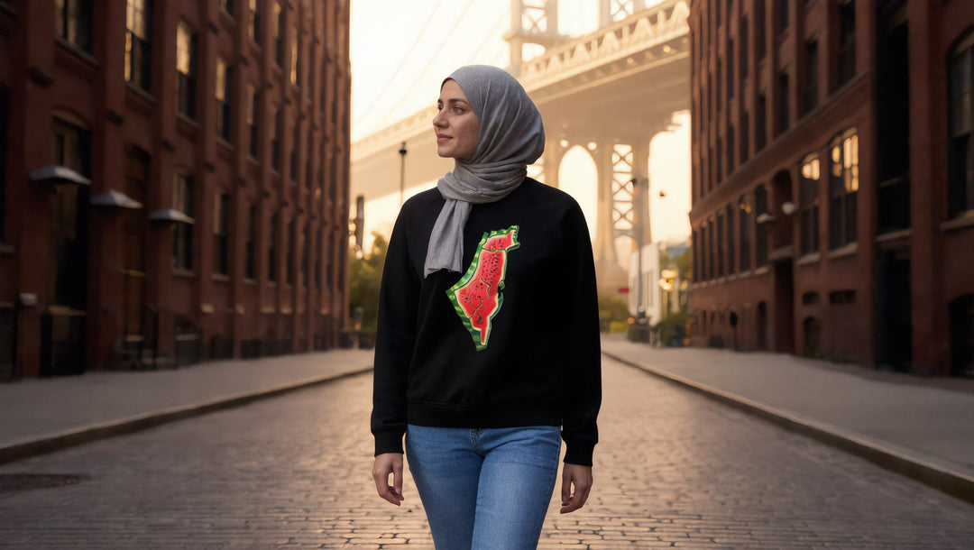 Woman in a Palestine Watermelon sweatshirt on Washington Street in DUMBO, Brooklyn