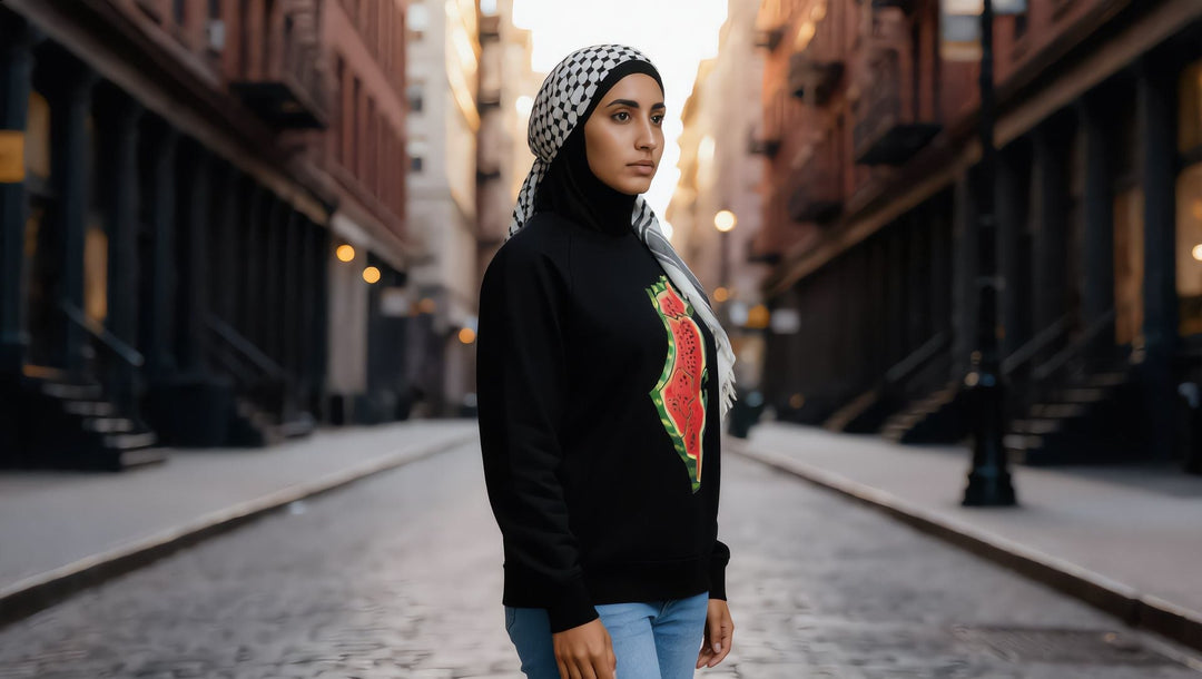 Woman in a Palestine Watermelon sweatshirt on a cobblestone street in Tribeca, New York